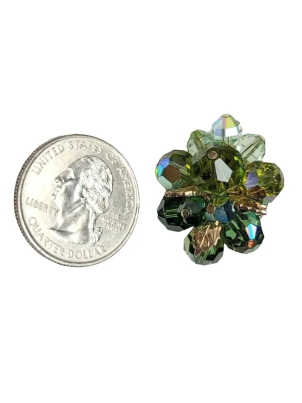 Vendome Gold Tone Green Beaded Faceted Glass Clip On Earrings, Signed